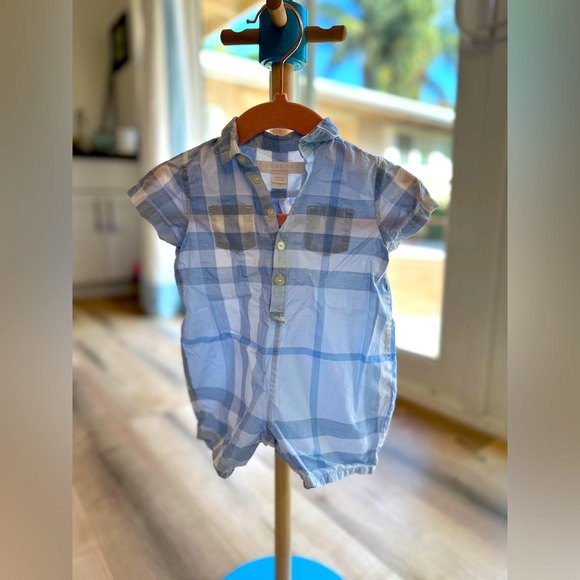 Burberry shortall romper blue plaid. Size 3 months